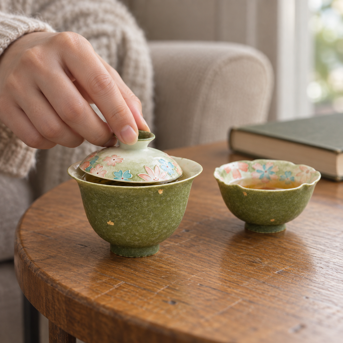 Moss Blossom gaiwan with its lid lifted beside a handleless tea cup