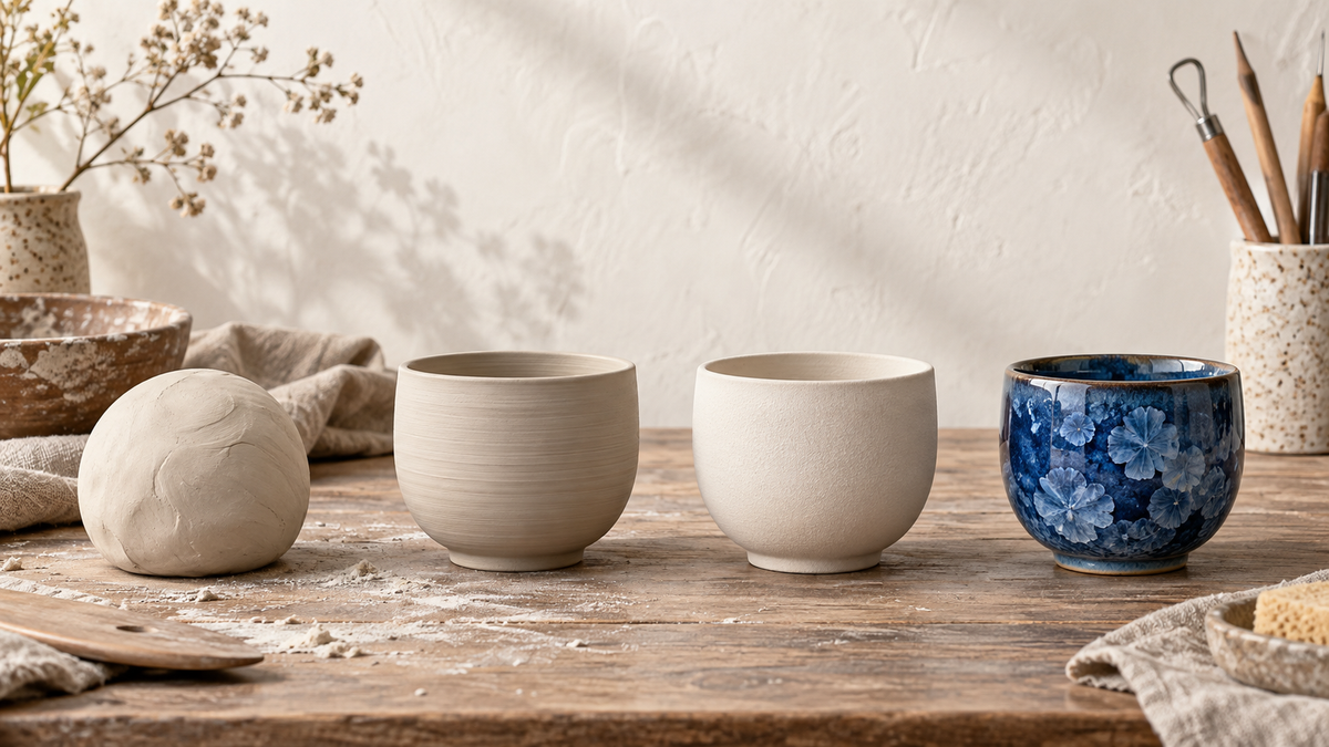 Illustration of clay becoming a finished crystalline glaze ceramic cup