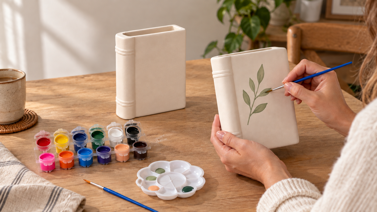 Painting an unglazed ceramic book vase at home with acrylic paint
