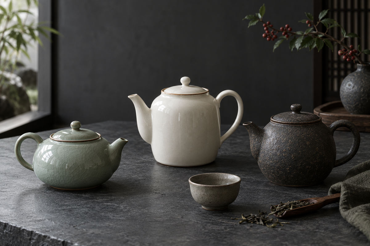 Three ceramic teapots showing different shapes and finishes