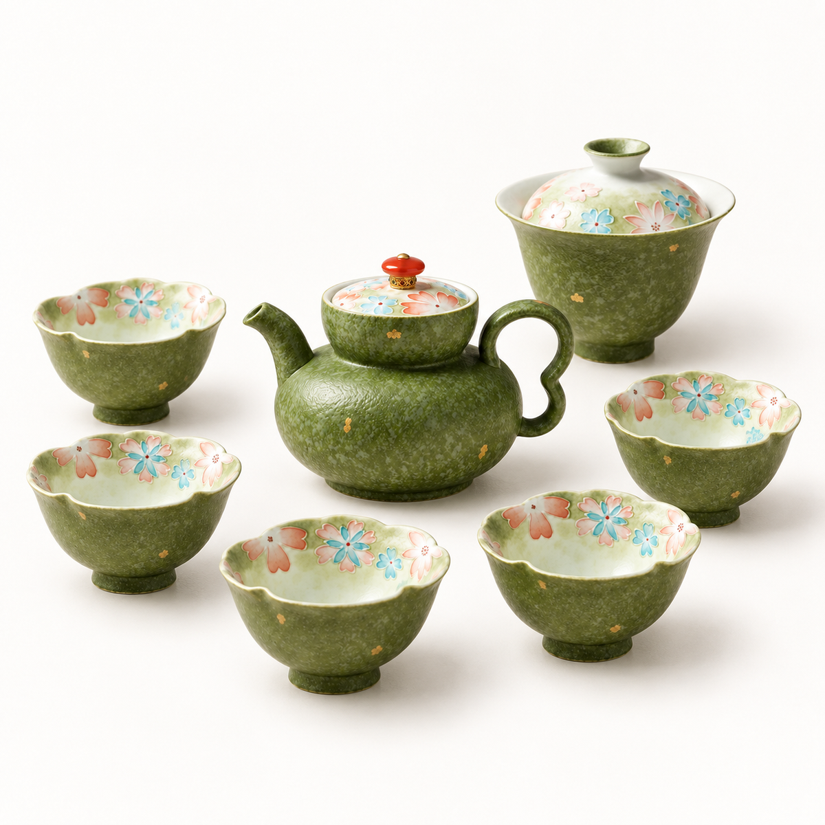 Actual Moss Blossom seven-piece ceramic tea set with one gaiwan, one teapot, and five cups