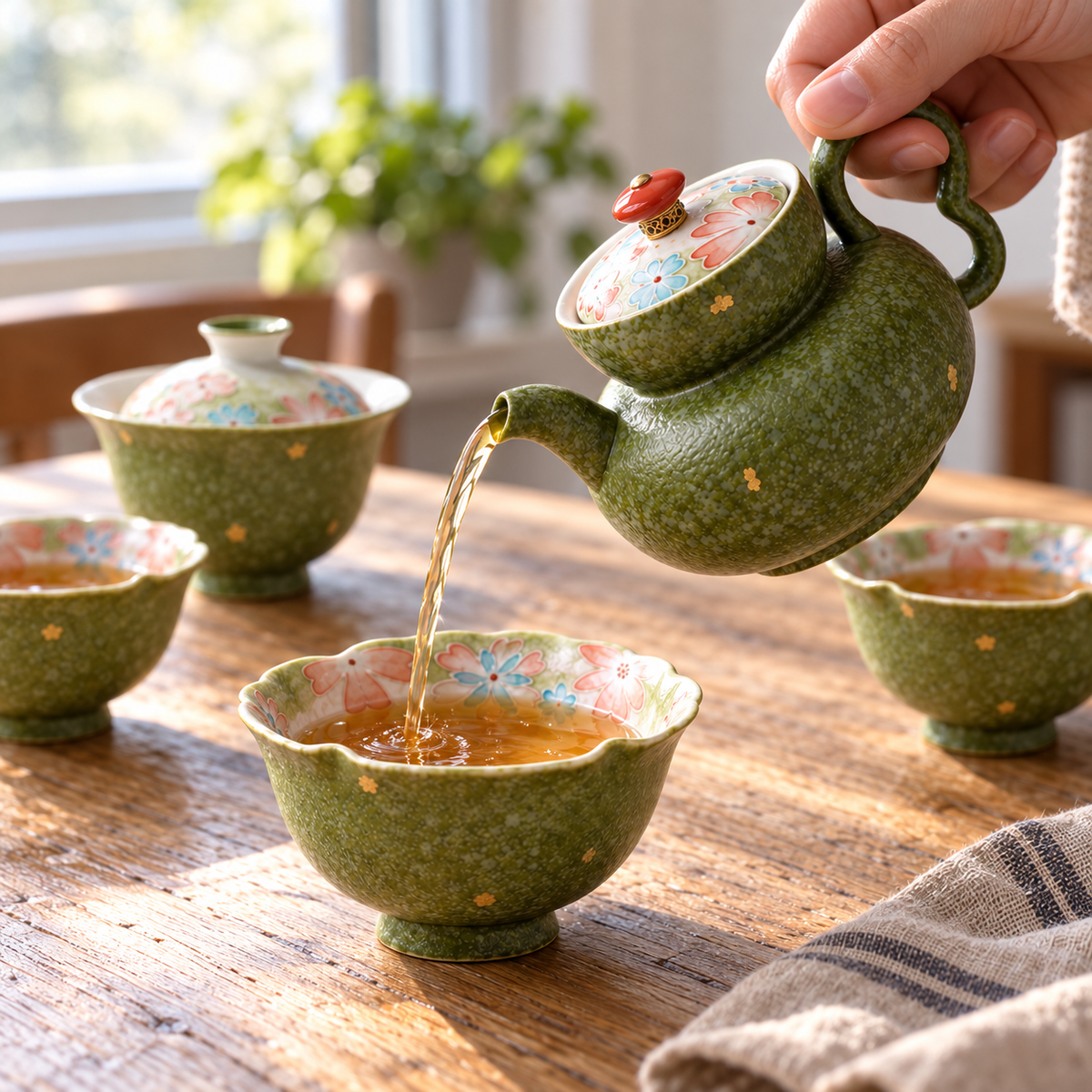 Actual Moss Blossom teapot with handle and spout pouring into a matching cup