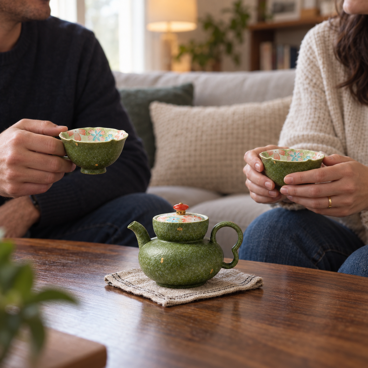 Moss Blossom 7-Piece Ceramic Tea Set with Gaiwan