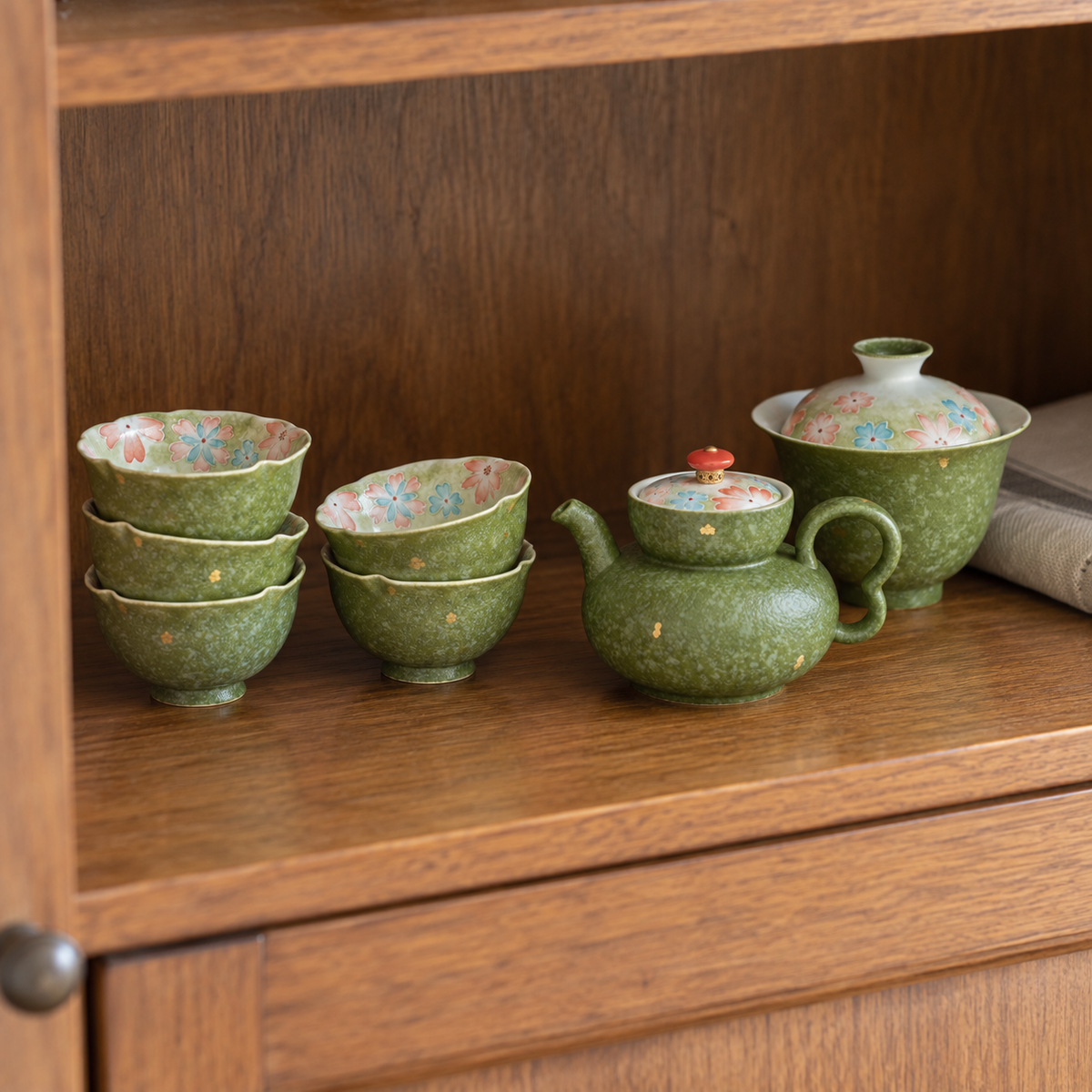 Moss Blossom 7-Piece Ceramic Tea Set with Gaiwan