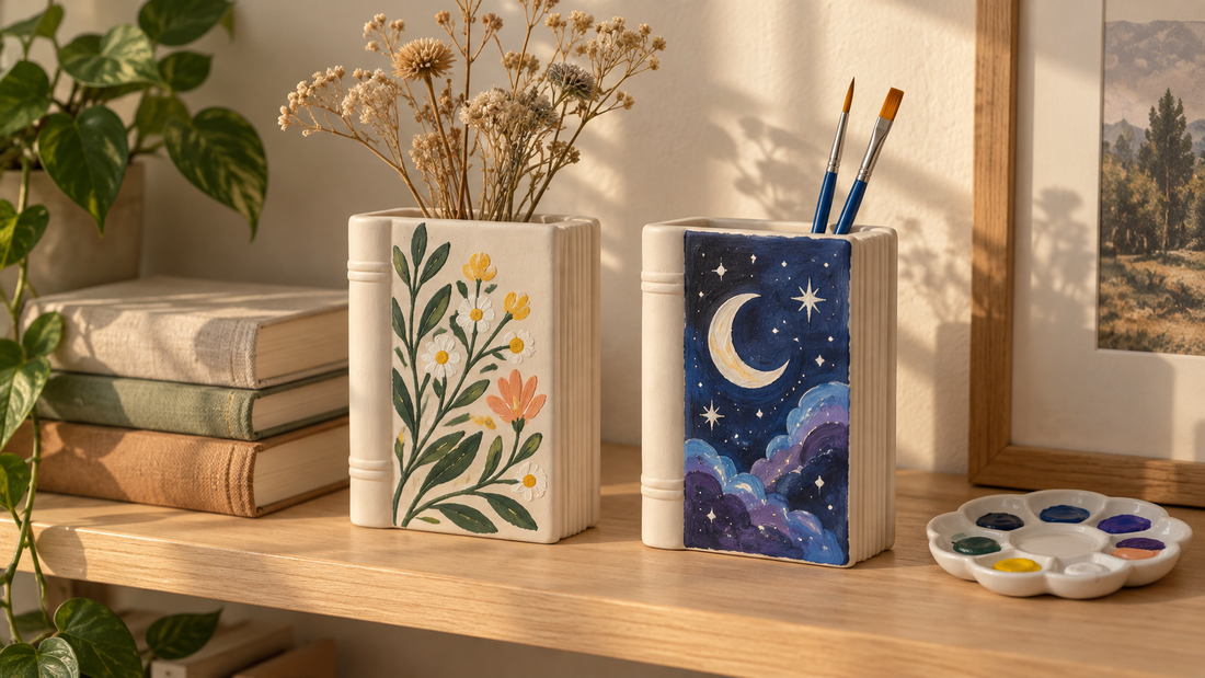 Two finished painted ceramic book vases with dried flowers and brushes