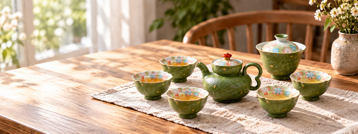 Moss Blossom tea set with teapot, handleless cups and gaiwan