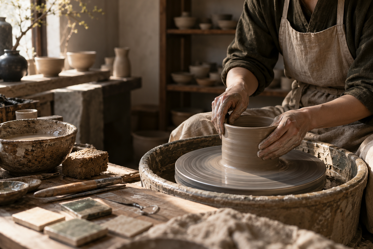 Editorial interpretation of hands shaping clay at a pottery wheel